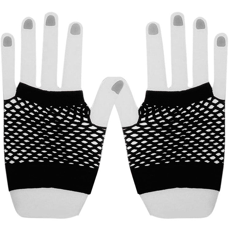 Black Fishnet net Short Gloves Mesh Punk Goth Rock 80s Style Fancy Dress
